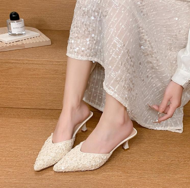 Sequined Head Stilto Slippers Women's Summer Outerwear 2025 New Fashion Fairy Style Dress Sexy Pointed High-heeled Slippers
