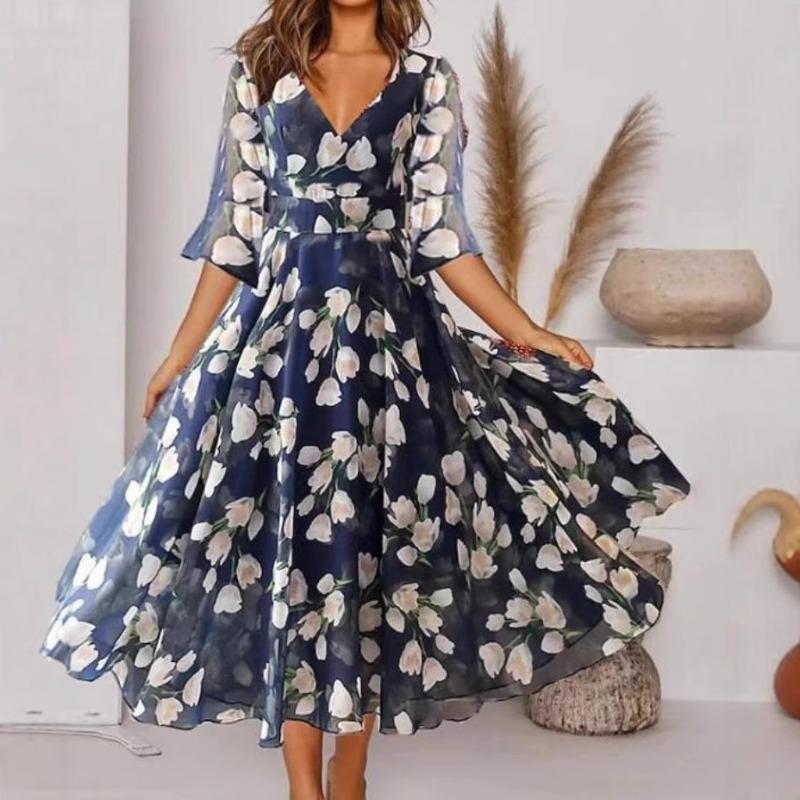New spring and summer women's clothing, fashionable and casual V-neck five-quarter-sleeved women's clothing dress