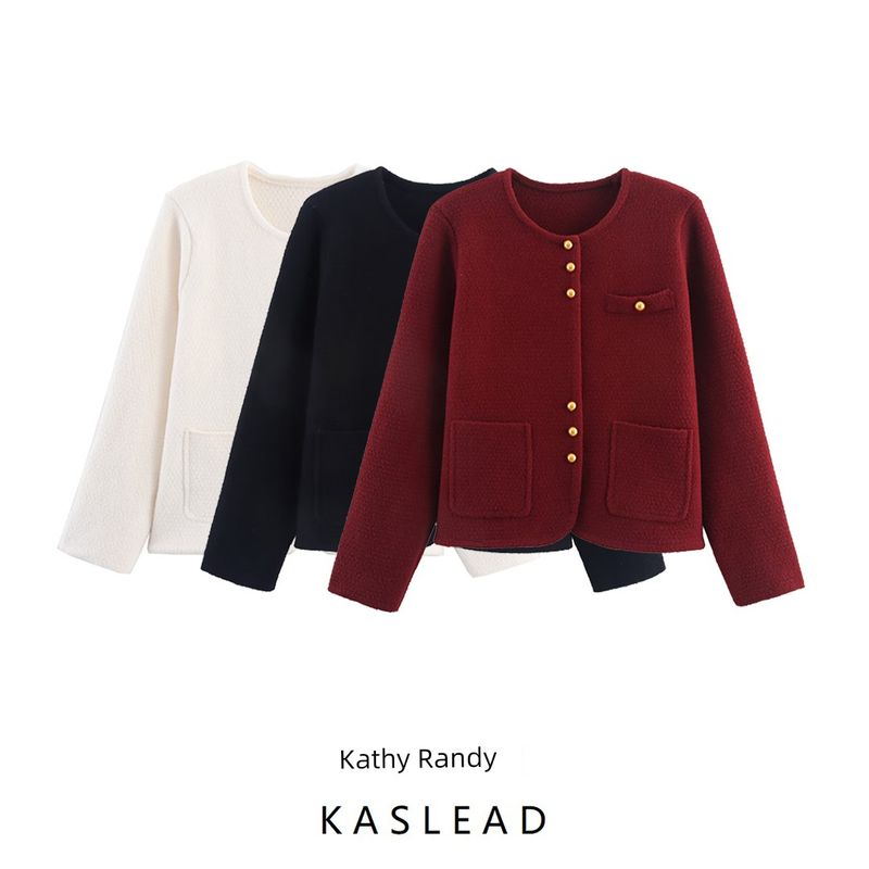 Kaslead New Women clothes Western Style Three Buckles round Neck Knitted Long sleeve Sweater Outerwear Cardigan