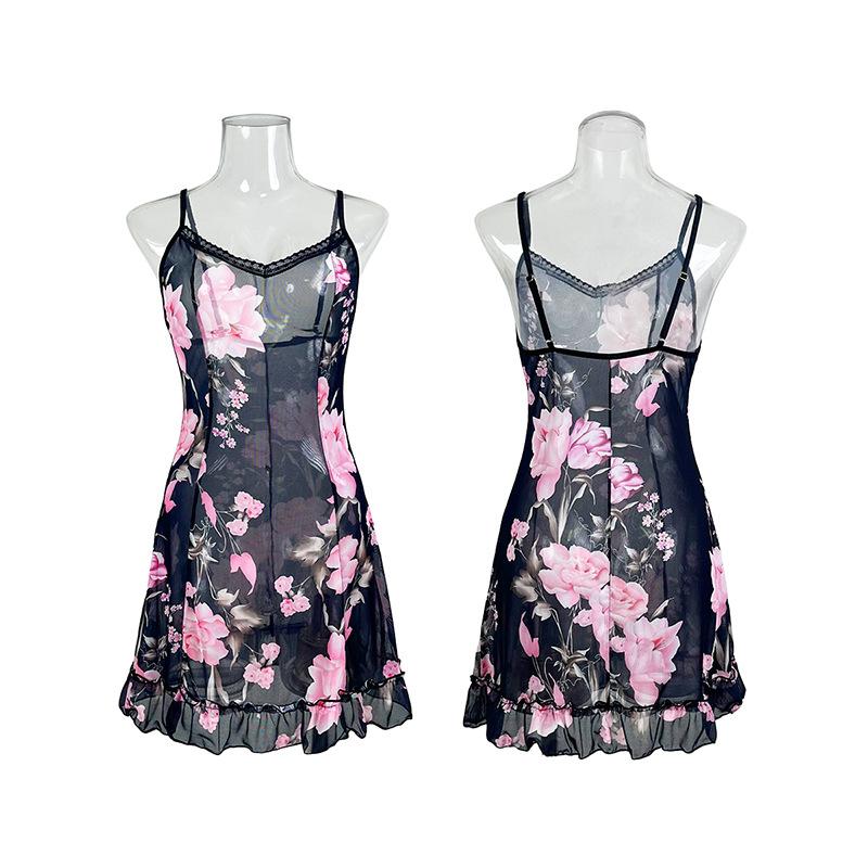 Pajamas sexy mesh pajamas women's print suspender skirts see-through clothes