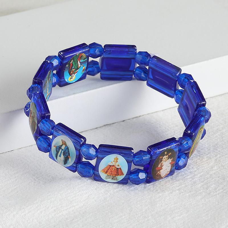 2Pcs Vintage Jesus And Virgin Mary Pvc Rosary Bead Bracelet With Elastic Band Religious Image Stickers For Daily Wear Parties