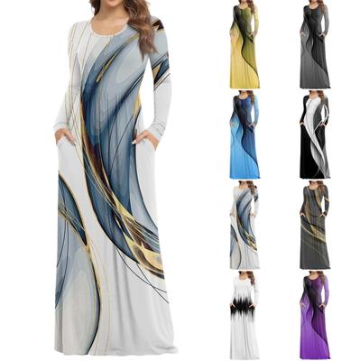 Women's Fashion Casual Print Round Neck Long Sleeve Extra Long Dress With Pockets