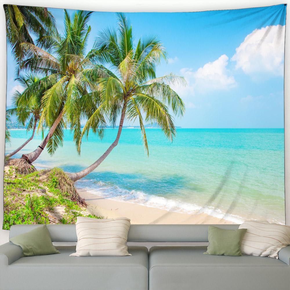 Inselstrand Wandteppich Tropische Kokospalmen Ozean Hawaiianische Naturlandschaft Garten Wandbehang Zuhause Wohnzimmer Schlafzimmer Dekoration