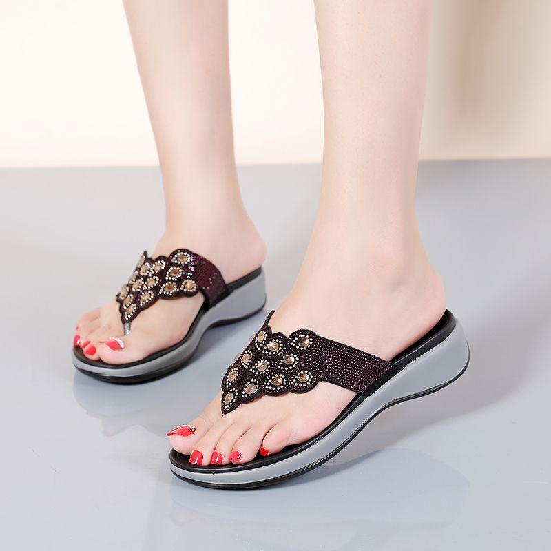 Fashion GKTINOO Fashion New Genuine Leather Slippers Anti-skid Summer Flip Flops Beach Rhinestone Sandals Mom Shoes For Outside