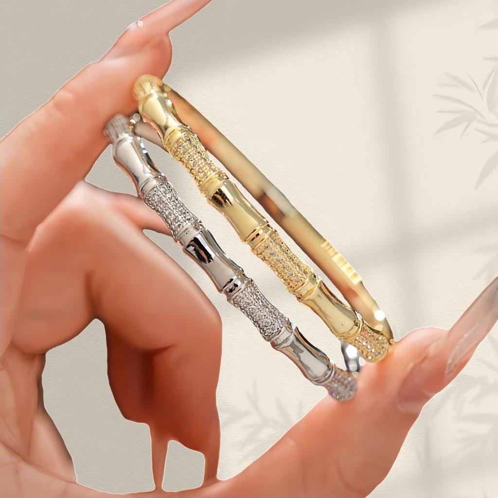 Elegant Zirconia Bamboo Bracelet: Gold-Plated Copper for a Sophisticated Touch
