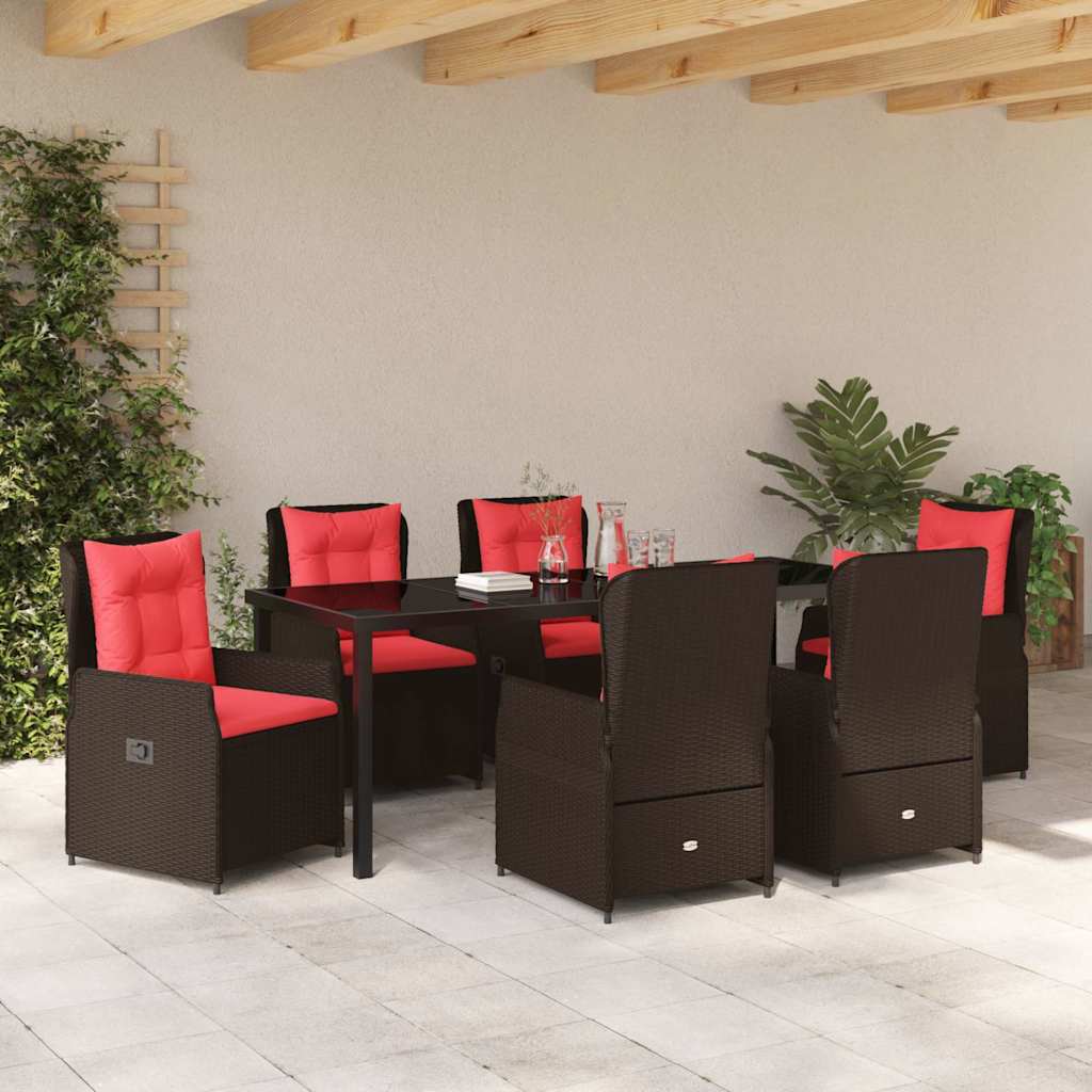 Garden Dining Set with Cushions 7 Pcs Brown Poly Rattan