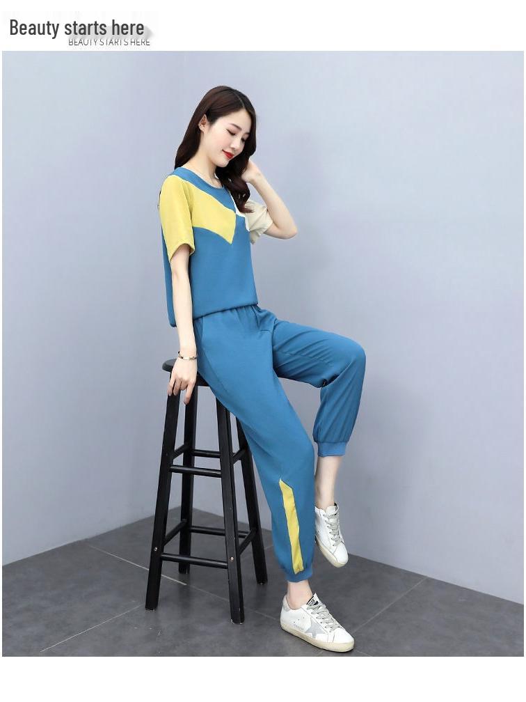 Plus Size Color Block Two-Piece Sportswear Set: Short Sleeve T-shirt & Jogger Pants