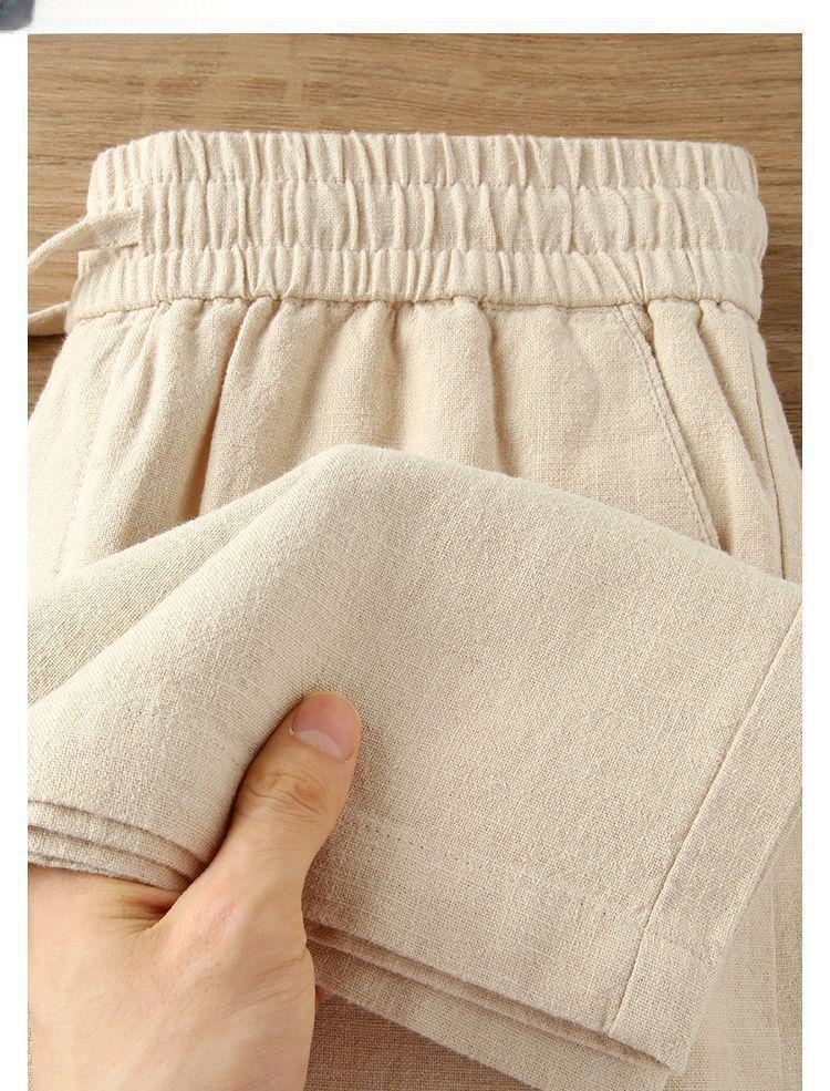 Breathable Cotton-Linen Straight-Leg Casual Pants with Elastic Waist & Pockets