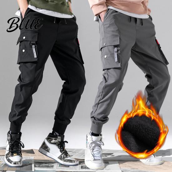 Loose Trousers Men Multiple Pockets Color Elastic Lining Solid Pants Plush Waist Warm Cargo
