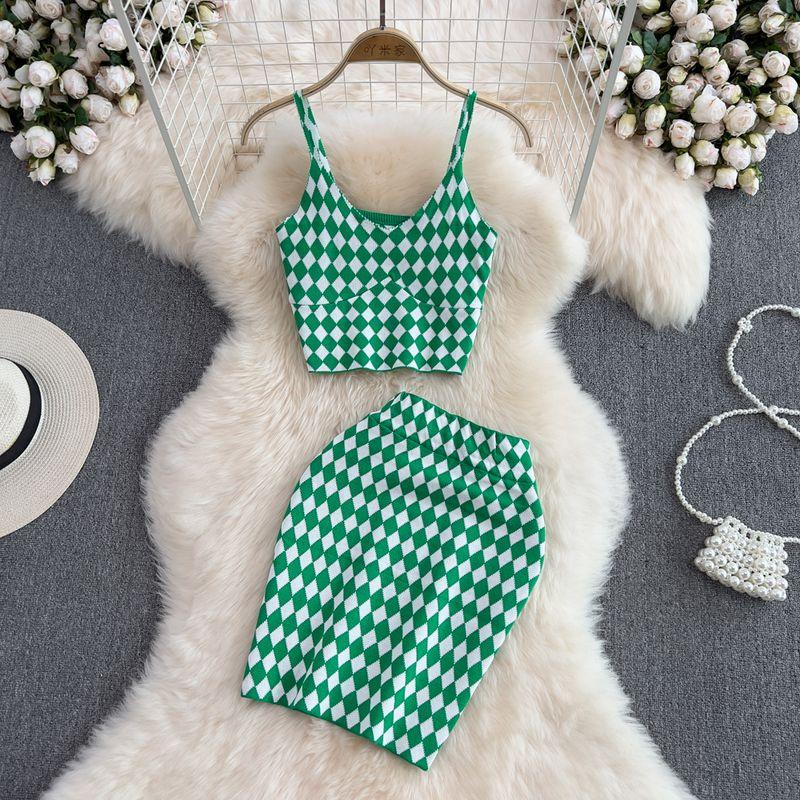 Fashion Suit Women's Pure Desire Sexy Chessboard Plaid Silm Crop-Top Spaghetti-Strap Vest Two-Piece Set High Waist Sheath Skirt