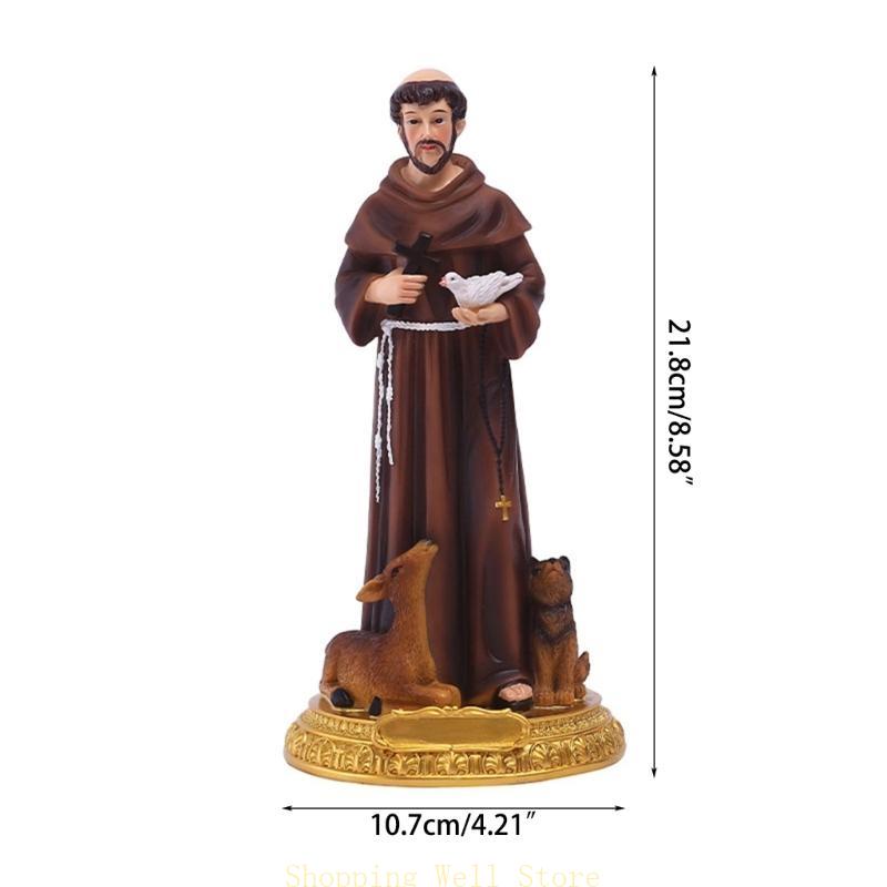 Hand-Painted Saint Francis Statue Catholic Religious Decoration Francis Figurine with Bird Cross Sculpture Collection