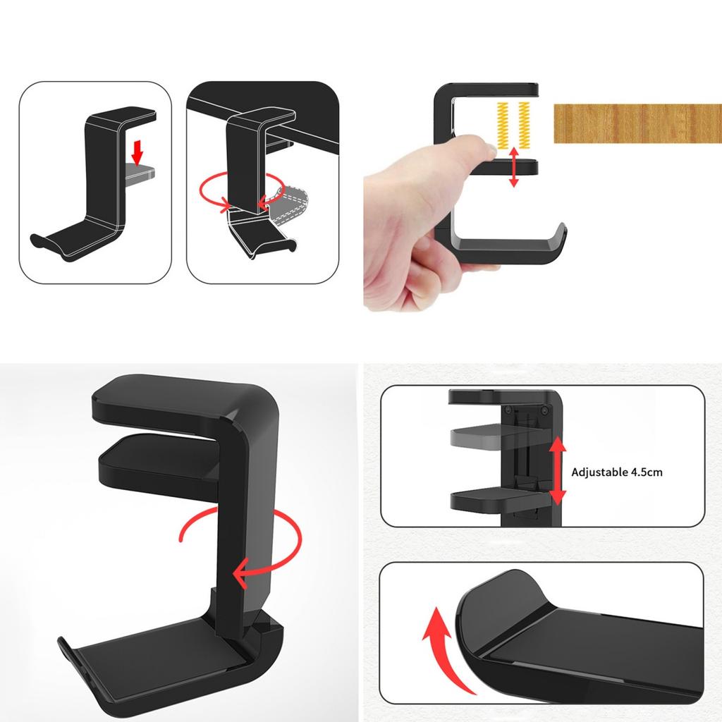 Universal Headset Stand Table Side Hanging Storage Rack 360°Rotating Headphone Organizer Clamp No Punch Desk Hanger For Earphone
