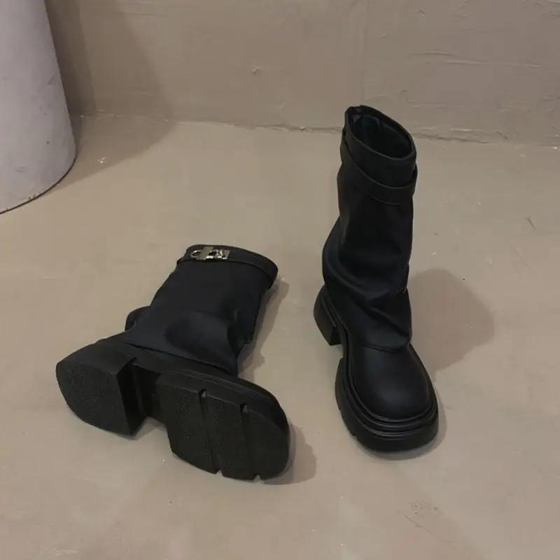 

Модные женские туфли на высоком каблуке 2024 года, осень-зима, новые короткие сапоги, французская ретро-женская обувь, толстая подошва, универсальные женские кожаные туфли 35 чёрный