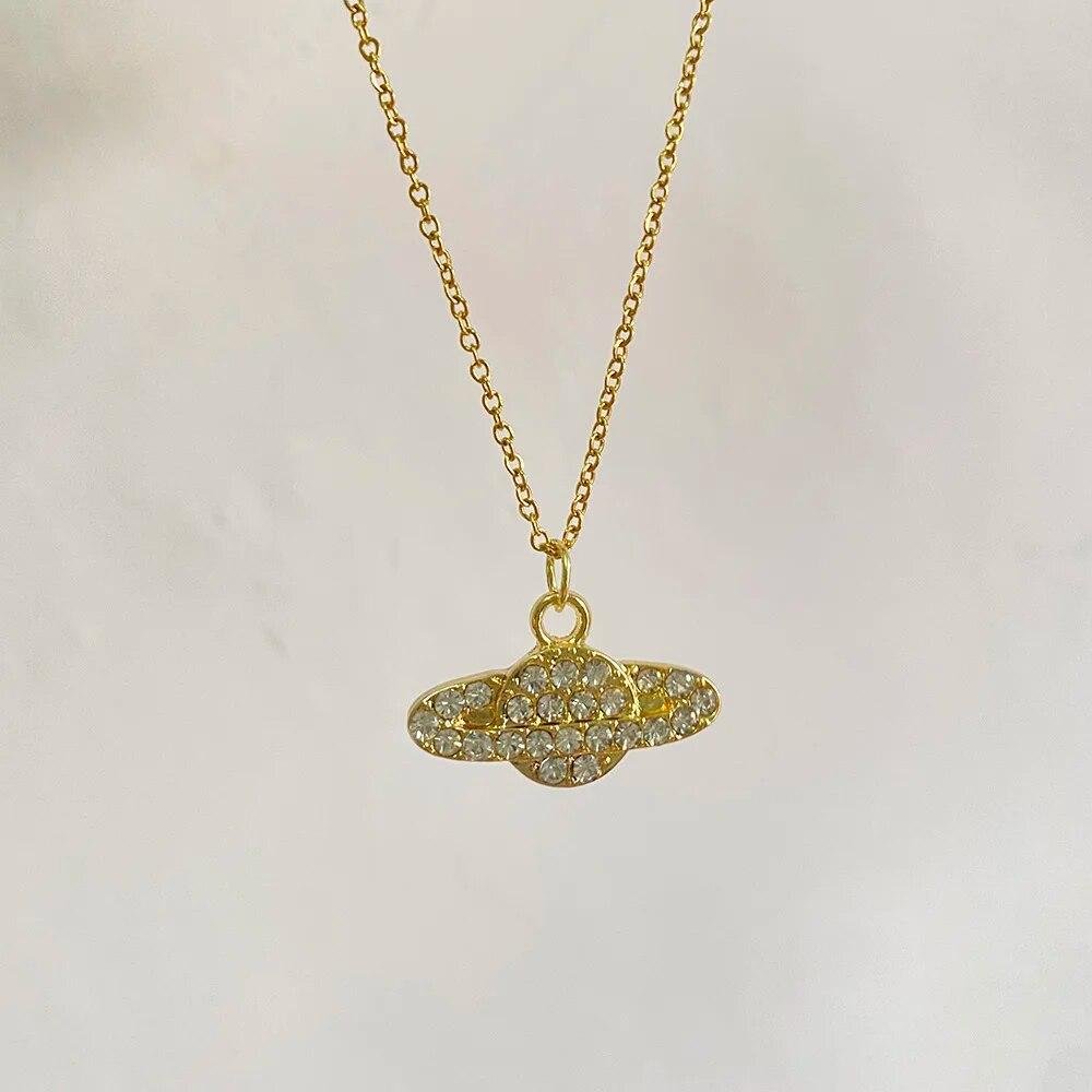 Y2K Jewelry Chain Vintage Crystal Zircon Planet Saturn Pearl Choker Necklace For Women Female Couple Saturn Pendants Necklace