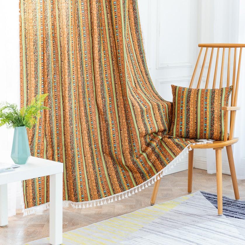Tassel Striped Curtains Semi-Blackout Cotton And Linen Printed Fabrics Finished Bedroom Living Room Kitchen Partition Bed And Breakfast