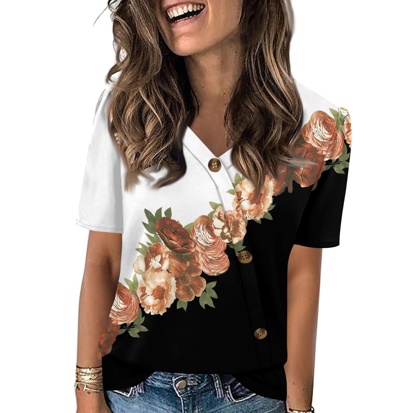 Ladies  Fashionable Casual Retro Floral Print Short-sleeved V-neck Shirt, Puff Sleeve T-shirt, Loose Casual Shirt, Summer T-shirt XL