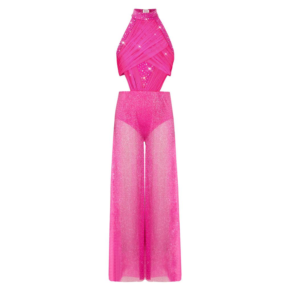 Tuta Larga da Ragazza Scollo all'Americana Senza Maniche Rucherata Rete Davanti Schiena con Laccetti Strass Costume da Ballo
