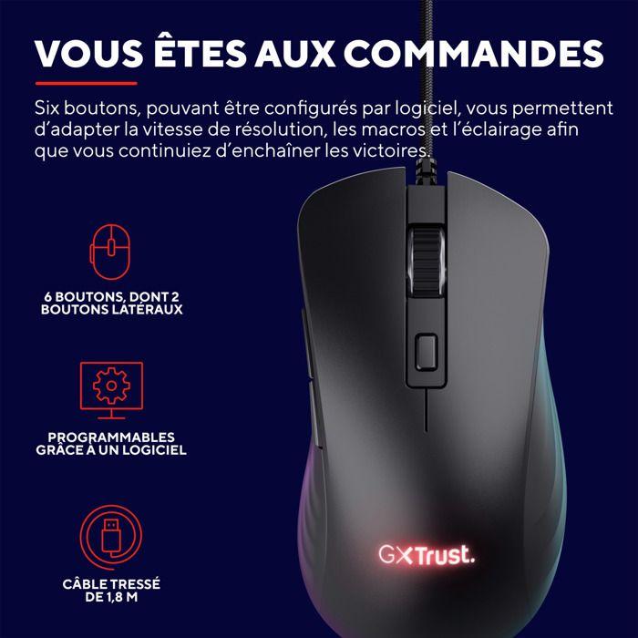 Trust Gaming GXT 924 Ybar+ Gamer, 25600 PPP, 60% Recyclés, Capteur Optique 25K, RGB, 6 Boutons Programmables, Filaire USB - Noir