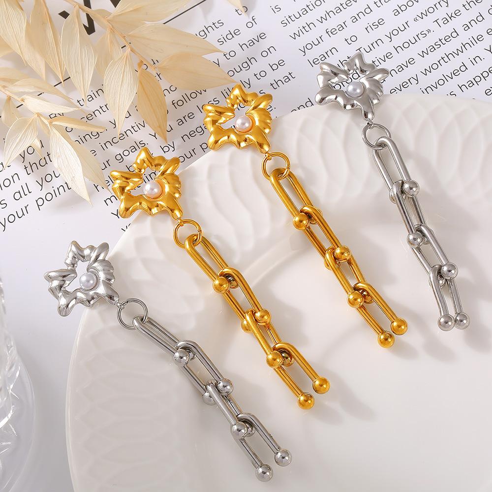 Chic Style Love Imitation Pearl Horseshoe Buckle U-shaped Chain Stud Earrings Personalized Hip-hop Design Titanium Steel Plated with 18k Gold