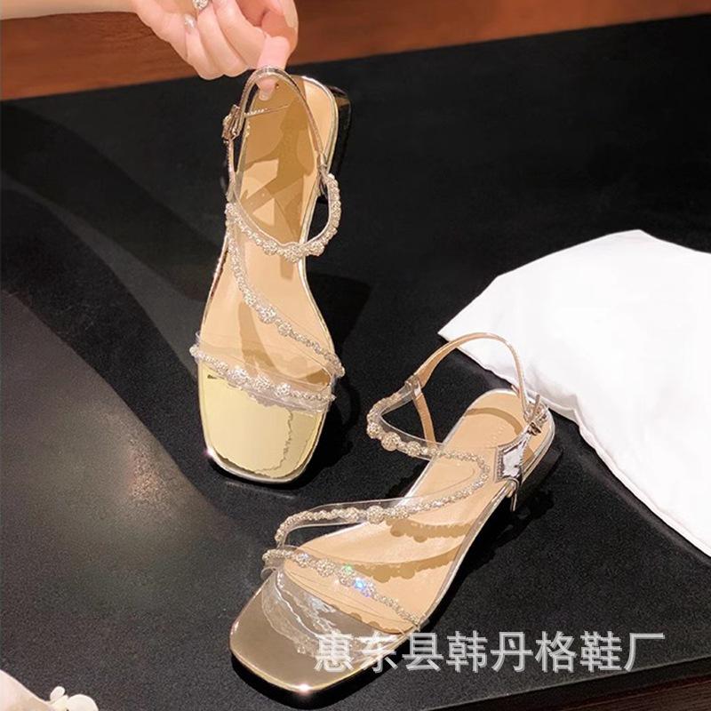 Huizhou women's shoes! Sandals women's rhinestones with thick heels, new silver.