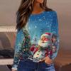 Women's Fashion Casual Slit Hem Round Neck Long Sleeve Loose Christmas Printed T-Shirt Ladies Top