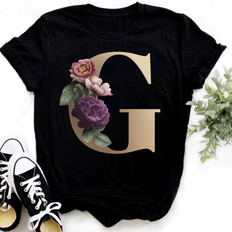 Fashion Golden 26 Letters Flower Harajuku Print Ladies T-shirt Casual Basics O-collar Black Shirt Short Sleeve Ladies T-shirts