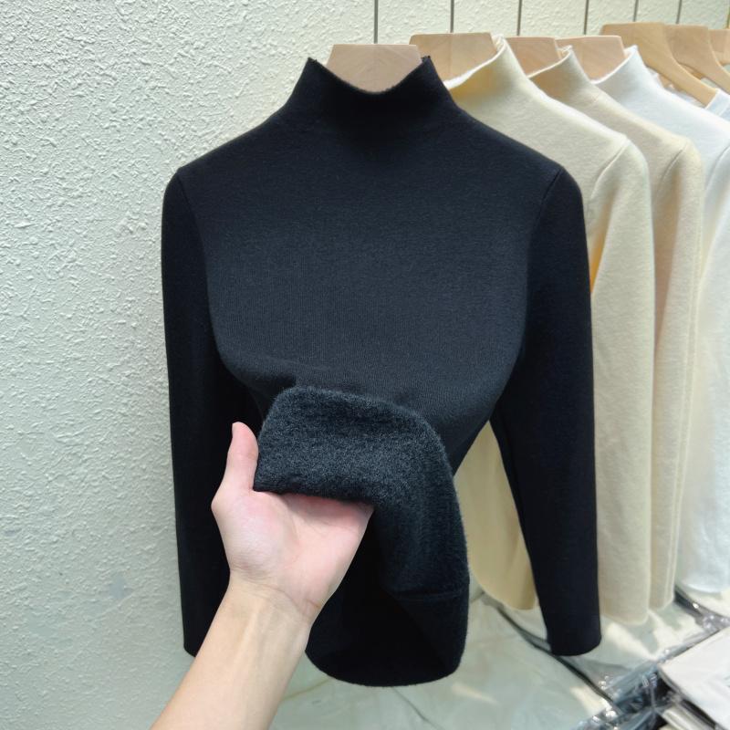 Fashion Half High Neck Warm Plush Knitted Sweater for Women Autumn and Winter Thick Velvet Base Women Knitwears Tops Elegant Slim Soft Sweaters 25207