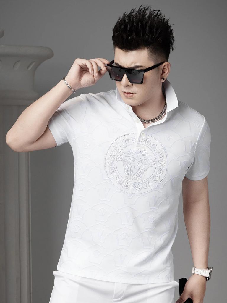 European Style Trendy Velvet Print Polo Shirt Men's Short-Sleeve Top with Turn-Down Collar 2026 Summer New Half-Sleeve T-Shirt