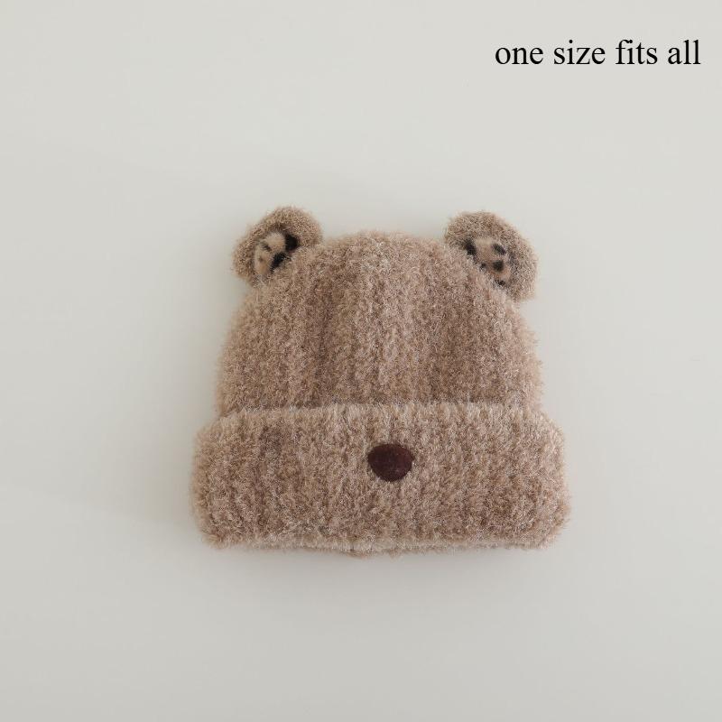 

Cute Ears Little Bear Knitted Plush Hat Children Autumn and Winter Warmth Ear Protection Small Face Appearance хаки