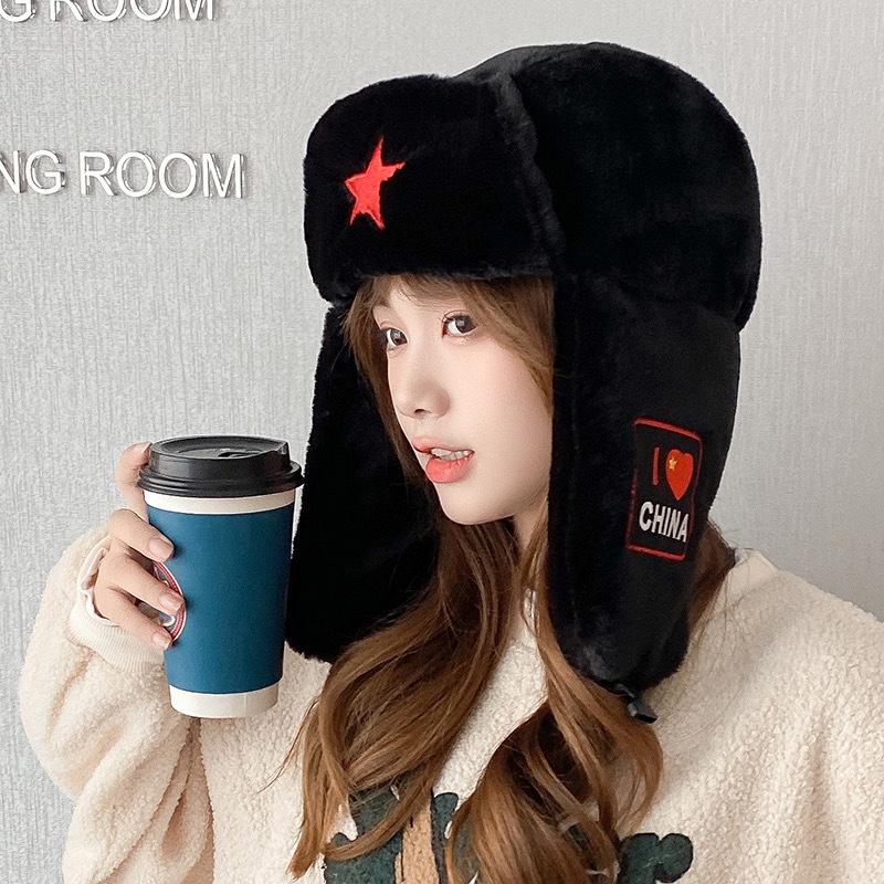 Plush Lei Feng Hat for Women In Winter Warm Ear Protection Cotton Hat for Men Outdoor Cycling Windproof Cold Red Five Pointed Star Tide