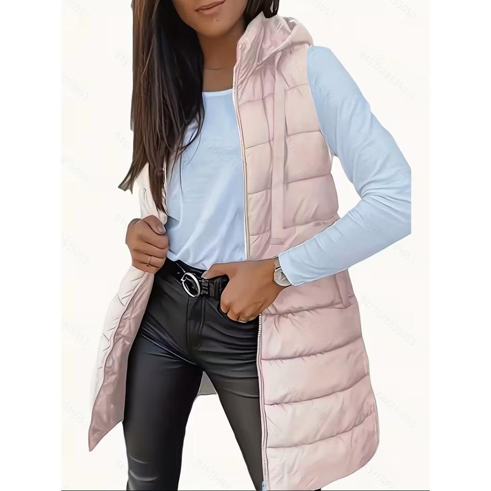 Autumn Winter Solid Color Hooded Zip Cotton Vest Women Mid-Length Plus Size Padded Gilet Coat