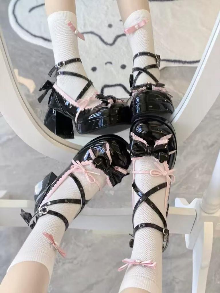 Cross Strap Women High Heels Mary Jane Pumps Party Wedding Cosplay Beige Blue Bow Princess Cosplay Lolita Shoes 2025