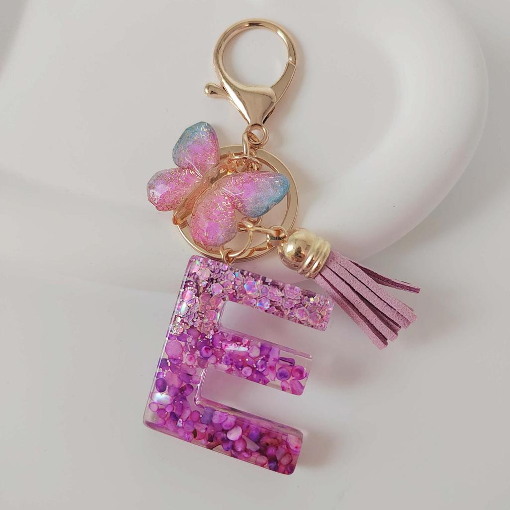 Purple Iridescent Resin Letter Keychain with Butterfly Tassel