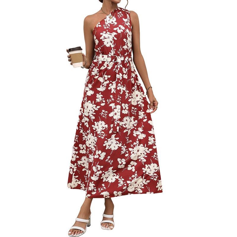 New seaside vacation elegant temperament sleeveless flower print shoulder dress