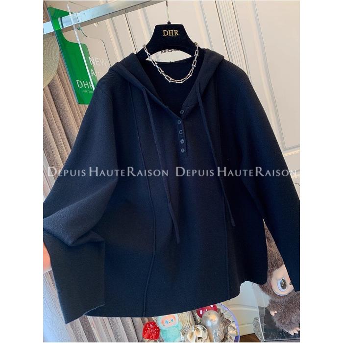 

2025 Plus Size Hooded Sweater: Solid Color Knitwear for Women Size 2 (120-160 jin) чёрный
