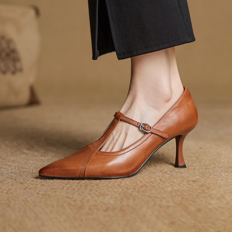 New women's fashion single shoes pointed four-season single shoes buckle solid color leather fine heel comfortable large size shoes beef tendon sole