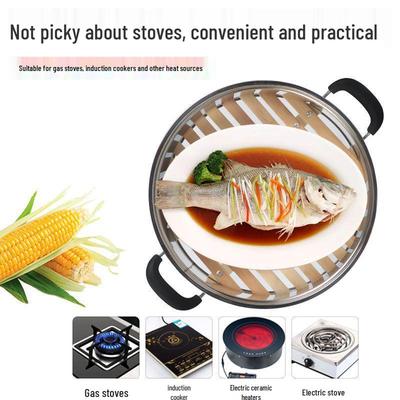 Thickened Bamboo and Stainless Steel Steamer Basket with Trivet and Steaming Rack