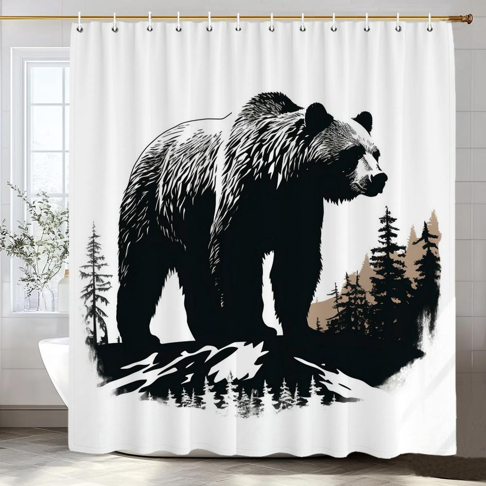 1 Piece Black Line Forest and Bear Shower Curtain, Bathroom Decorative Shower Curtain, Waterproof Shower Curtain with Hooks