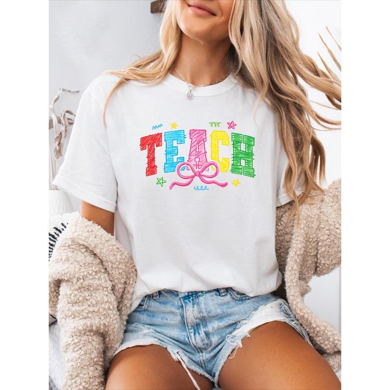 Women's Spanish Alphabet T-Shirt - Spanish Letter Print Round Neck Short Sleeve Blouse Suitable for Spring Summer Casual Wear