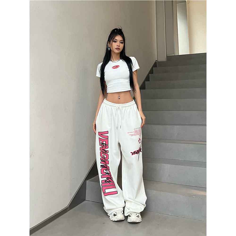 Y2K Streetwear White Track Pants Women Harajuku Hippie Wide Leg Sweatpants Oversize Printed Joggers Trousers