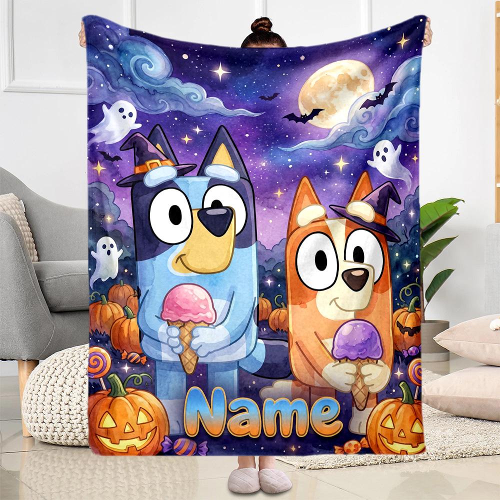 Bluey Halloween Night Personalized Name Blanket Lightweight Customizable Blanket Soft Warm Cozy Suitable for Livingroom Couch Chair Sofa