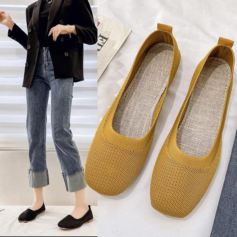 WomenSummer Fashion Knitted Mesh Breathable Ladies Loafers Comfort Square Toe Casual Flats Women Work Shoes Comfortable for Work