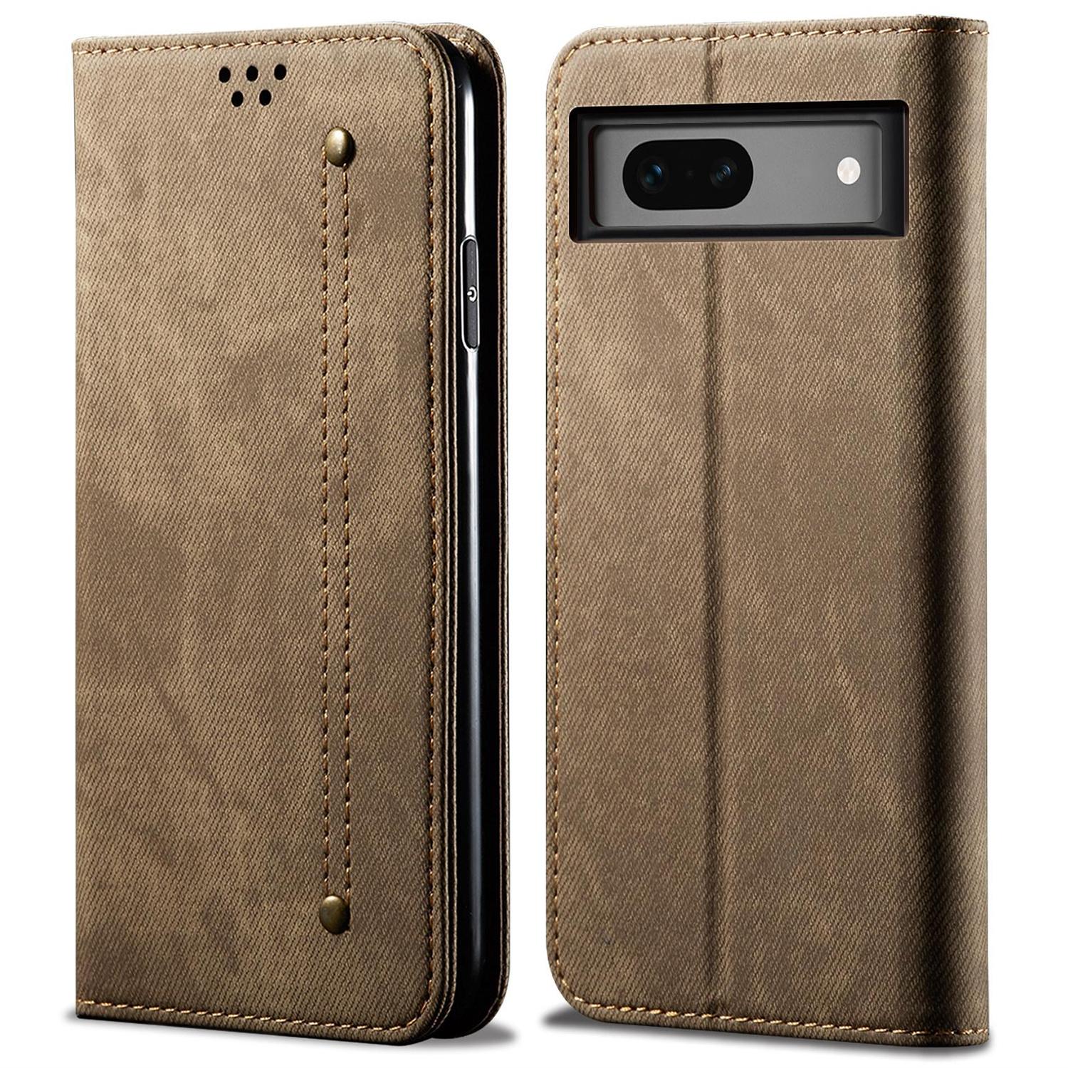 

For Google Pixel 8a Case Jeans Cloth Texture Leather Phone Cover with Cash Card Holder Khaki