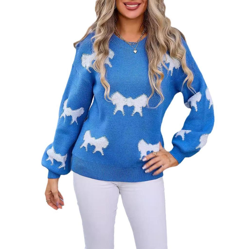 Autumn and Winter Women's Pullover Round Neck Long Sleeve Knit Bowknot Sweater