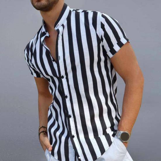 Men Shirt Stripe Contrast Color Stand Collar Single-breasted Summer Top for Work