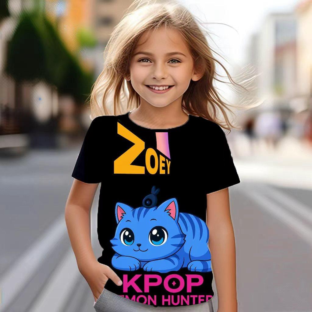 

K-pop Охотник на демонов Аниме Футболка с принтом Удобная Модная Круглый вырез Детская одежда Модные Повседневные Топы Мягкая Девочки Цветная Футболка 150