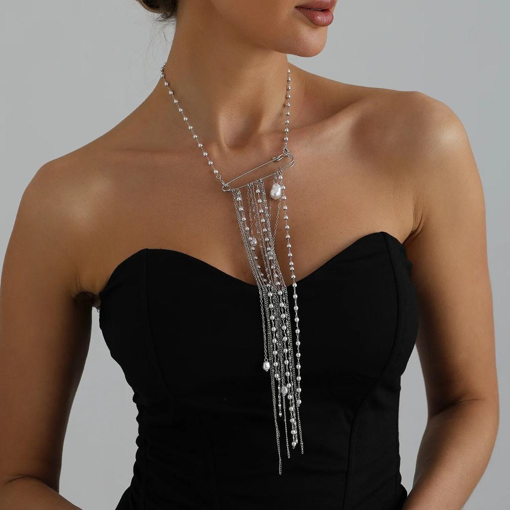Multi-Layer Pearl Tassel Brooch Necklace for Women Luxury Delicate Pin Pendant Necklace Sexy Versatile Clothing Accessories Gift