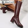 Winter Women Knee High Boots Cosy Soft Leather Thick Heel Shoes Female Vintage Slim Long Booties Zapatos De Muje