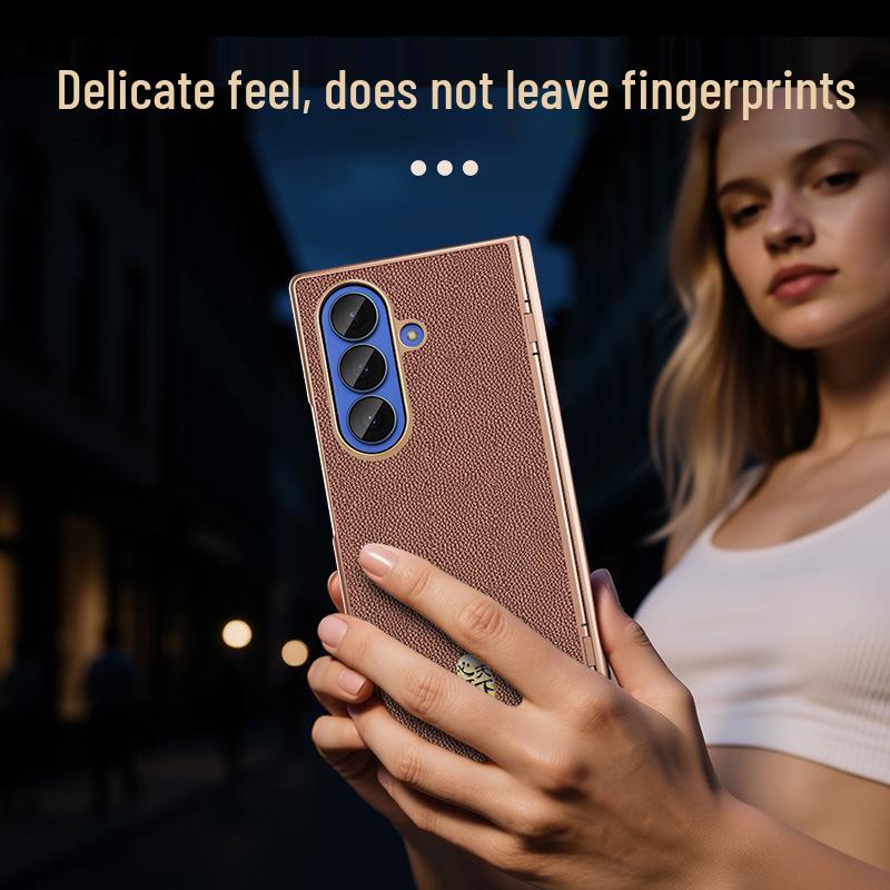 Genuine Leather Magnetic Phone Case for Samsung Z Fold7/6 - Electroplated Lychee Pattern Protective Shell with Integrated Film.