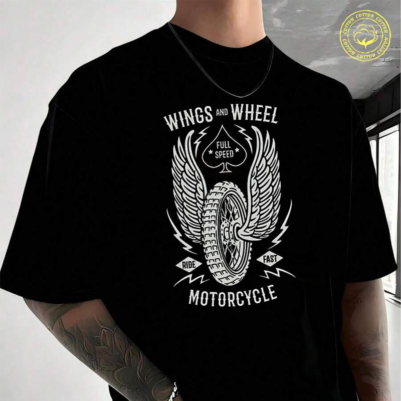 Men Cotton T-Shirt Wings And Wheel Motorcycle Moto T Shirt O-neck Short Sleeve Tees Hip Hop Tsh